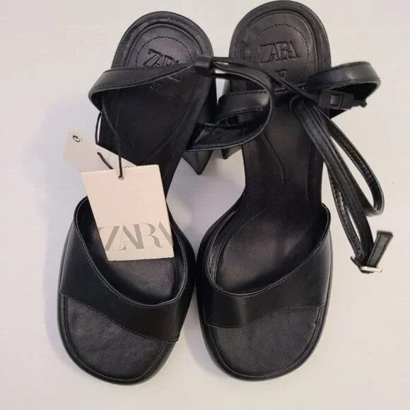 ZARA HIGH-HEEL PLATFORM SANDALS BLACK SIZE 63307/110
